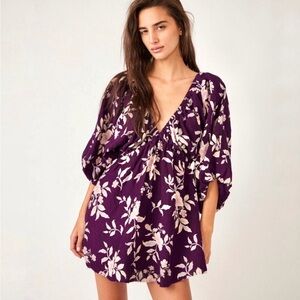 Free People NWT Dark Purple Floral Printed Boho Mini Dress / Tunic | Sz XS